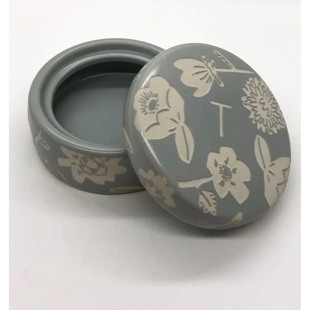 Anthropologie Monogram T Floral Ceramic Trinket Box Blue Grey Round Jewelry Dish